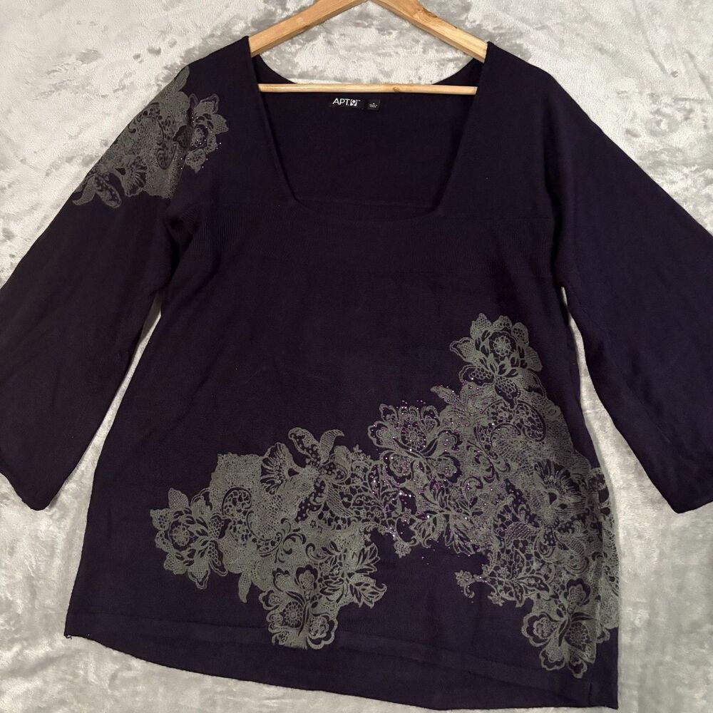 Apt 9 Sweater S Purple Square Bell Sleeve Floral Rhinestone Whimsigoth Y2K Retro